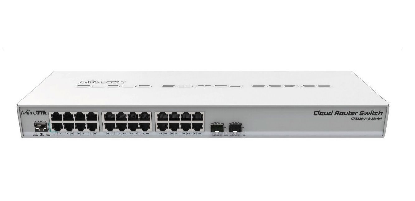 MikroTik Cloud Router Switch CRS326-24G-2S+RM, 800MHz CPU, 512MB, 24xGLAN, 2xSFP+cage, ROS L5, PSU,1U Rackmount