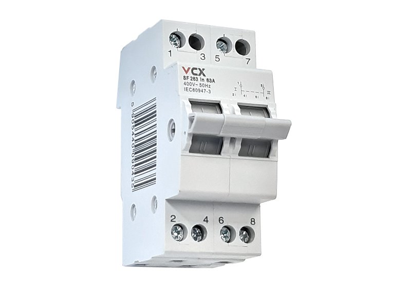 Přepínač pro výběr síťového napájení VCX SF263, 1-0-2, 2P, 63A, na DIN lištu