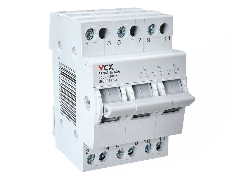 Přepínač pro výběr síťového napájení VCX SF363, 1-0-2, 3P, 63A, na DIN lištu