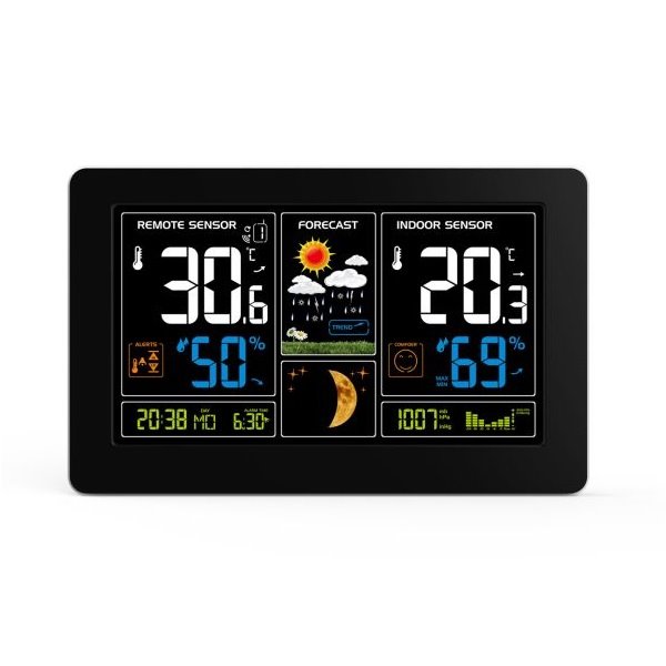 Solight meteostanice TE81, extra velký barevný LCD, teplota, vlhkost, tlak, RCC, USB nabíjení, černá