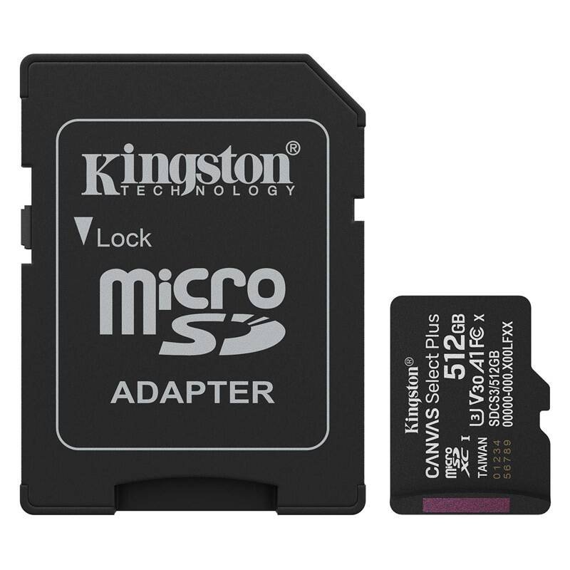 Kingston MicroSDXC paměťová karta 512GB Canvas Select Plus A1 Gen 3 + SD adaptér