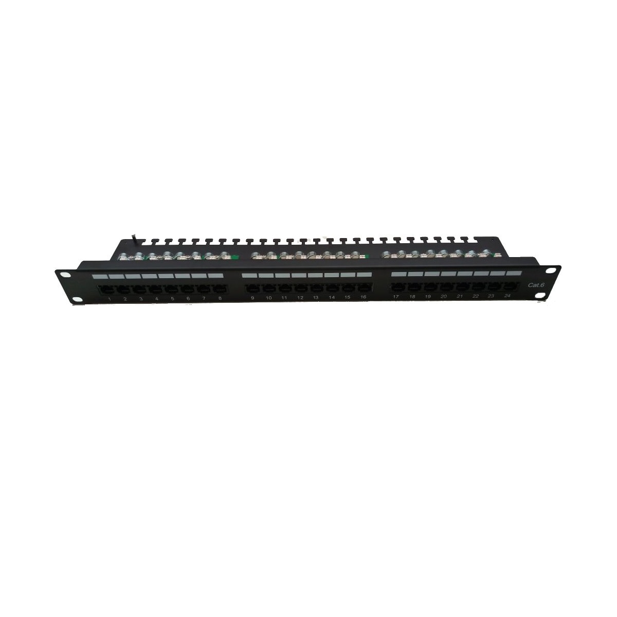 Masterlan patch panel 19", 24xRJ45, Cat6, 1U, UTP, s vyvazovací lištou, černý