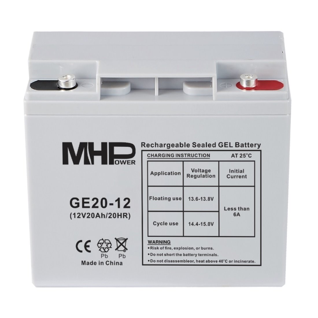 MHPower GE20-12 Gelový akumulátor 12V/20Ah, Terminál T1 - M6, Deep Cycle