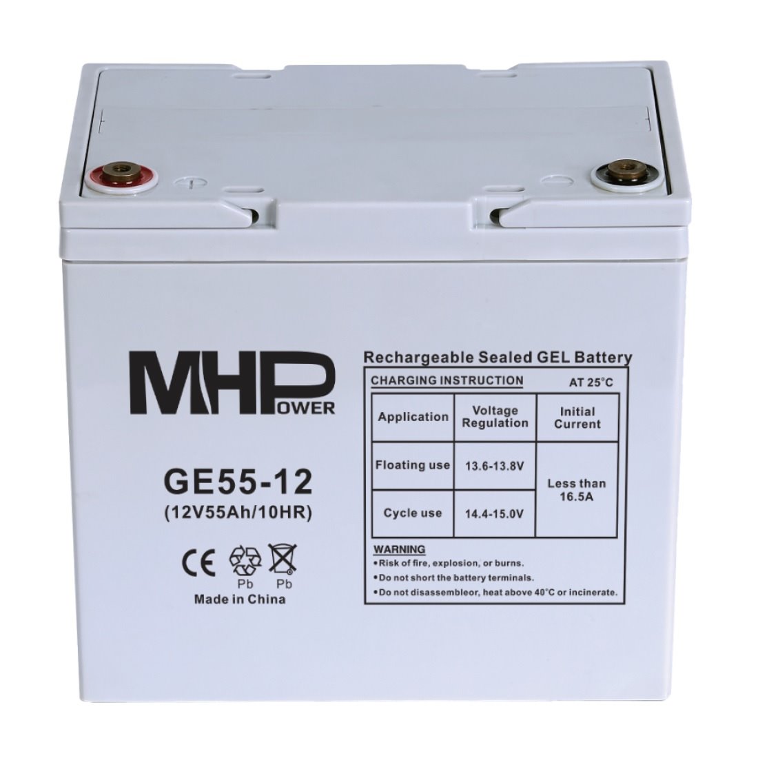 MHPower GE55-12 - LEHCE POŠKOZENÝ, Gelový akumulátor 12V/55Ah, Terminál T1 - M6, Deep Cycle