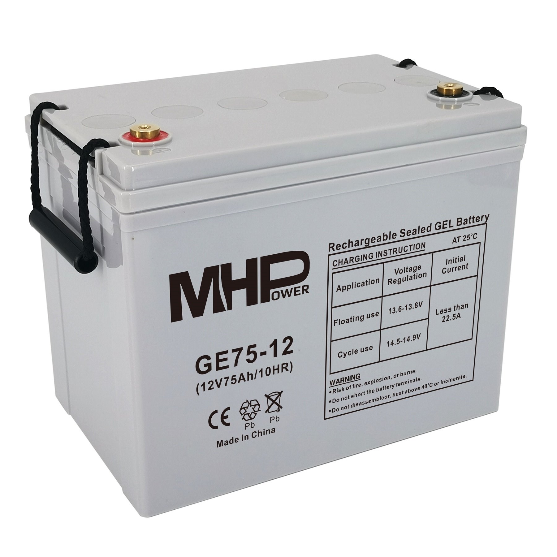 MHPower GE75-12 Gelový akumulátor 12V/75Ah, Terminál T1 - M6, Deep Cycle