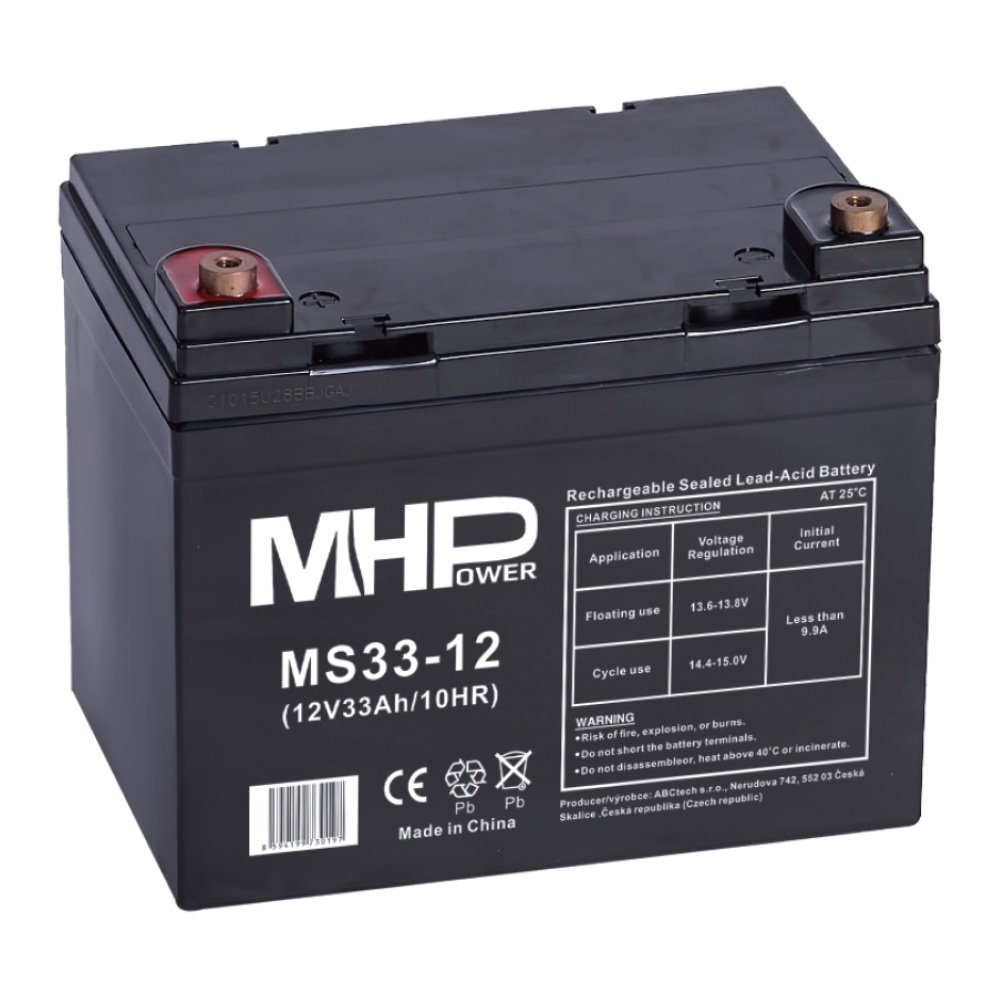 MHPower MS33-12 - POUŽITÉ z VÝSTAVY, olověný akumulátor AGM 12V/33Ah, Terminál L2 - 6,4