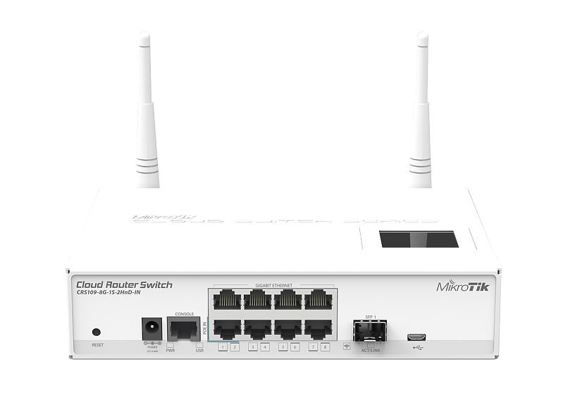 MikroTik Cloud Router Switch CRS109-8G-1S-2HnD-IN, 128MB, 8xGLAN, 1xSFP, 802.11b/g/n, ROS L5, LCDpan, case, PSU