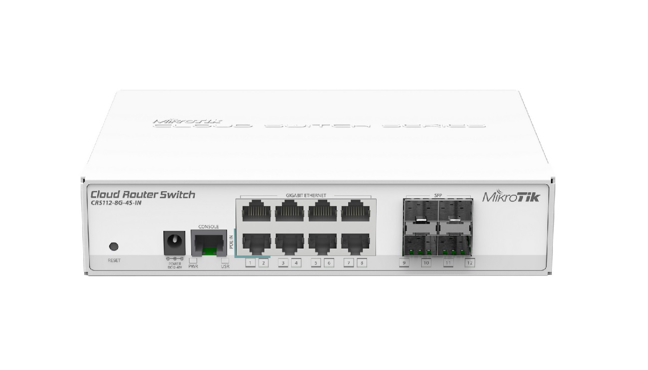 MikroTik Cloud Router Switch CRS112-8G-4S-IN, 128MB, 8xGLAN, 4xSFP, ROS L5, desktop case, PSU