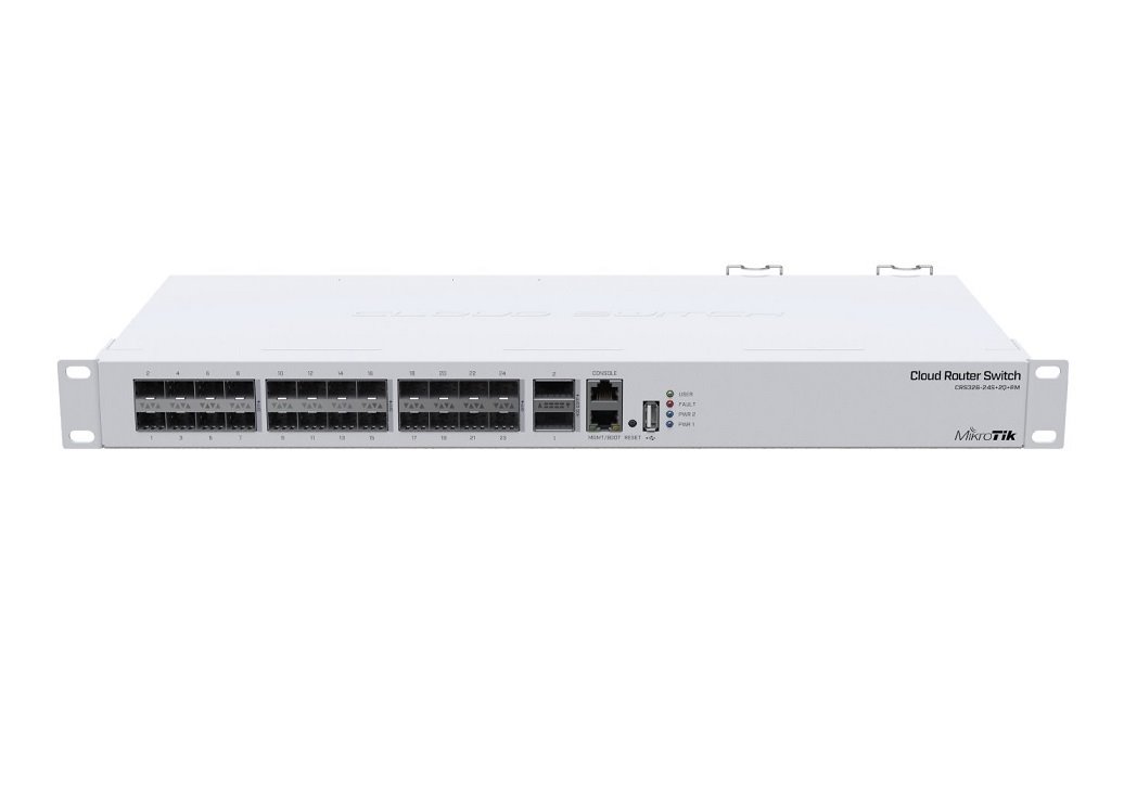 MikroTik Cloud Router Switch CRS326-24S+2Q+RM, 24x 10 Gbps SFP+, 2x 40 Gbps QSFP+, 64MB, USB, 2x RJ45, ROS L5, PSU, 1U