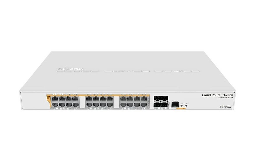 MikroTik Cloud Router Switch CRS328-24P-4S+RM, 800MHz CPU, 512MB, 24xGLAN, 4xSFP+cage, ROS L5, PSU,1U Rackmount