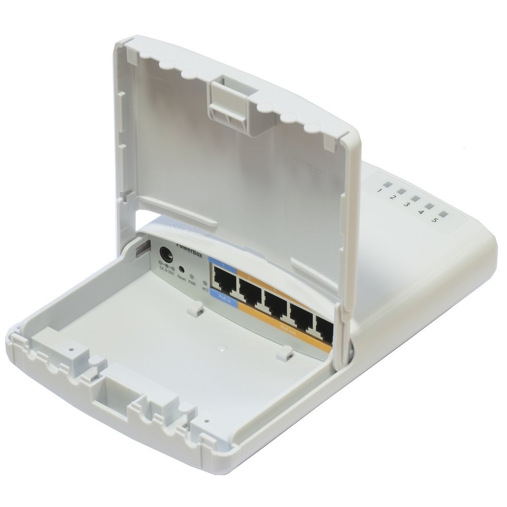 MikroTik RouterBOARD RB750P-PB PowerBox, 5xLAN (4x PoE-OUT), Outdoor, nap. adaptér, ROS L4, mont.set