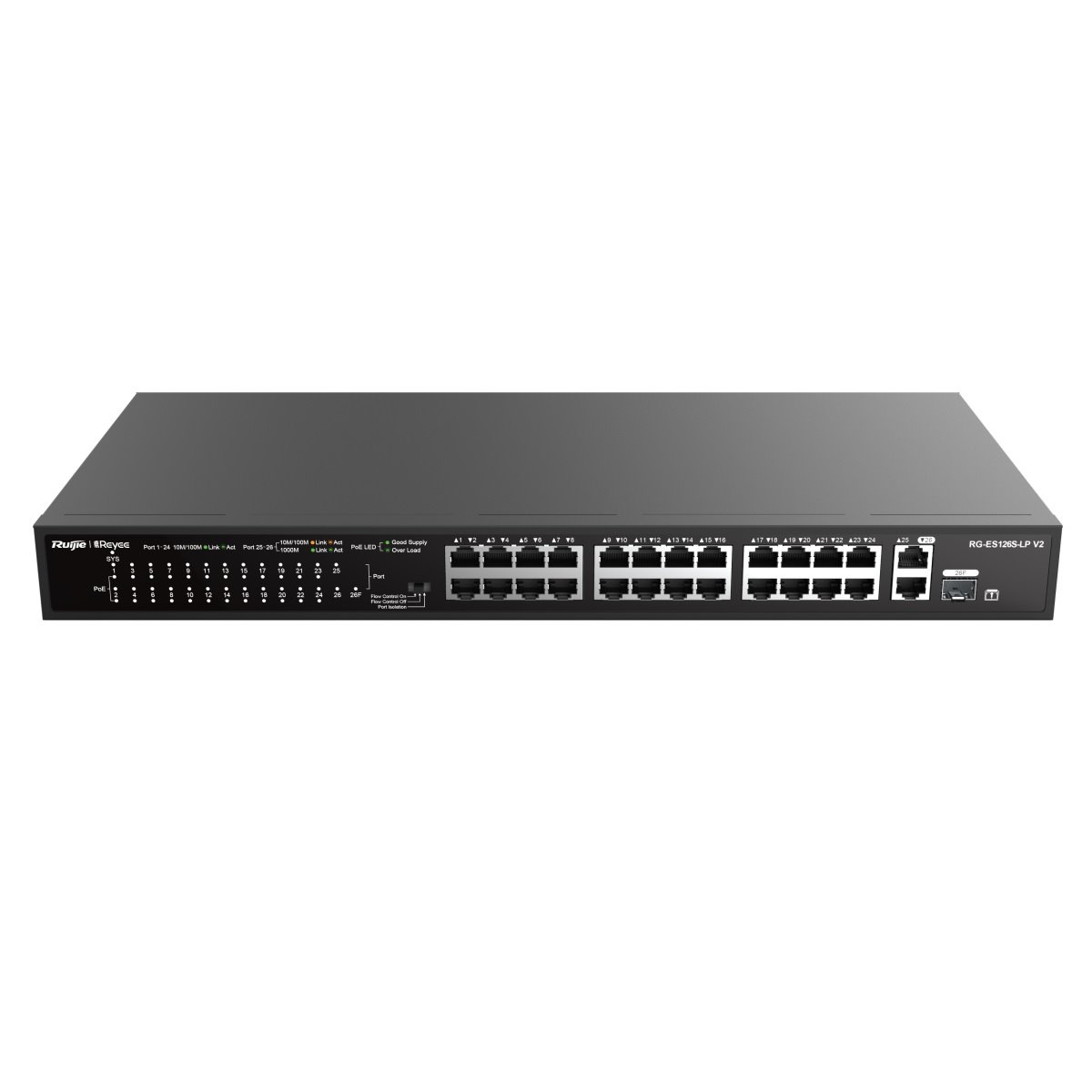 Reyee RG-ES126S-LP V2 24-Port 10/100 Mbps - 2 Gigabitové Porty, PoE Switch, montáž do racku