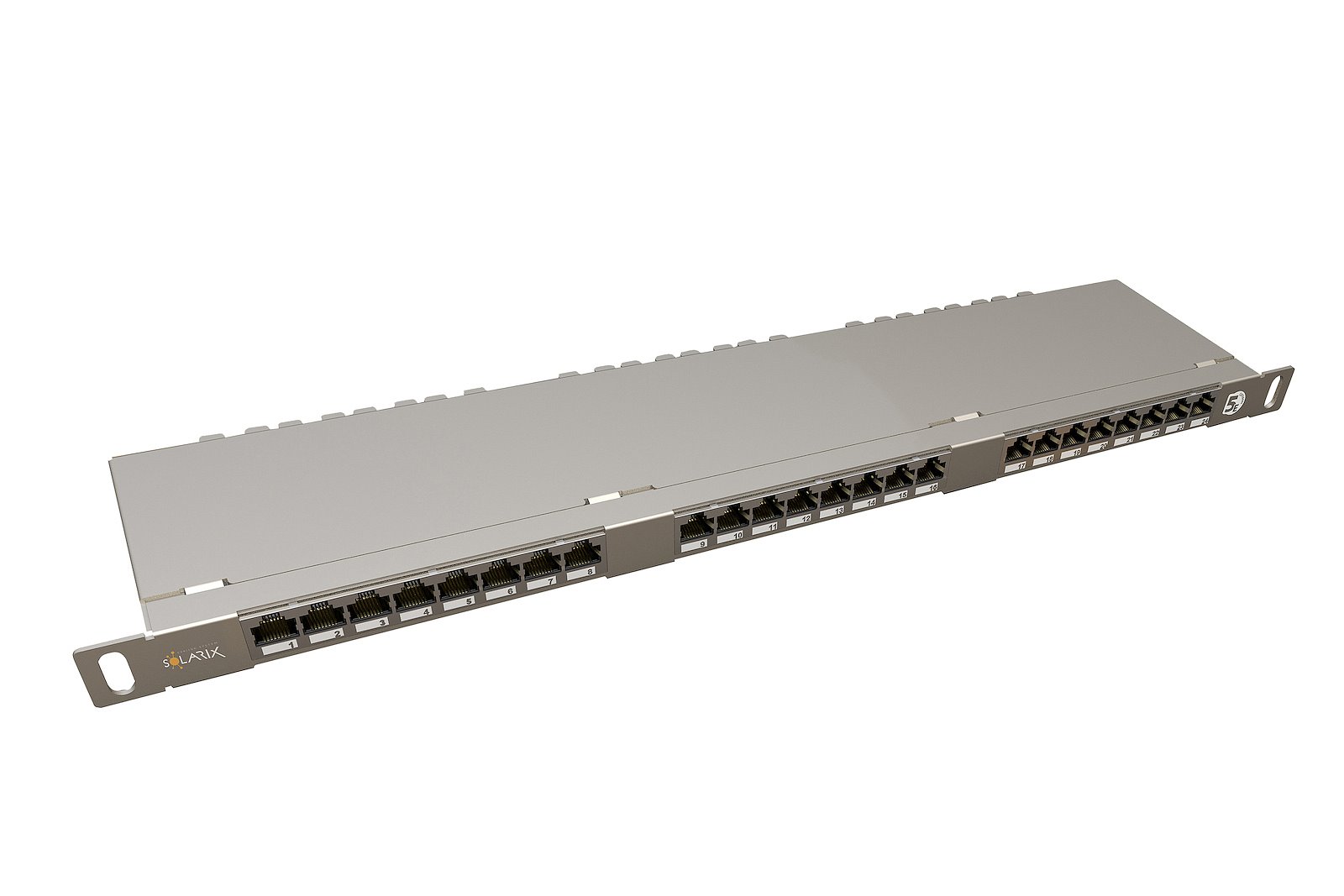 Solarix patch panel 24 x RJ45 CAT5E STP s vyvazovací lištou stříbrný 0,5U SX24HD-5E-STP-SL