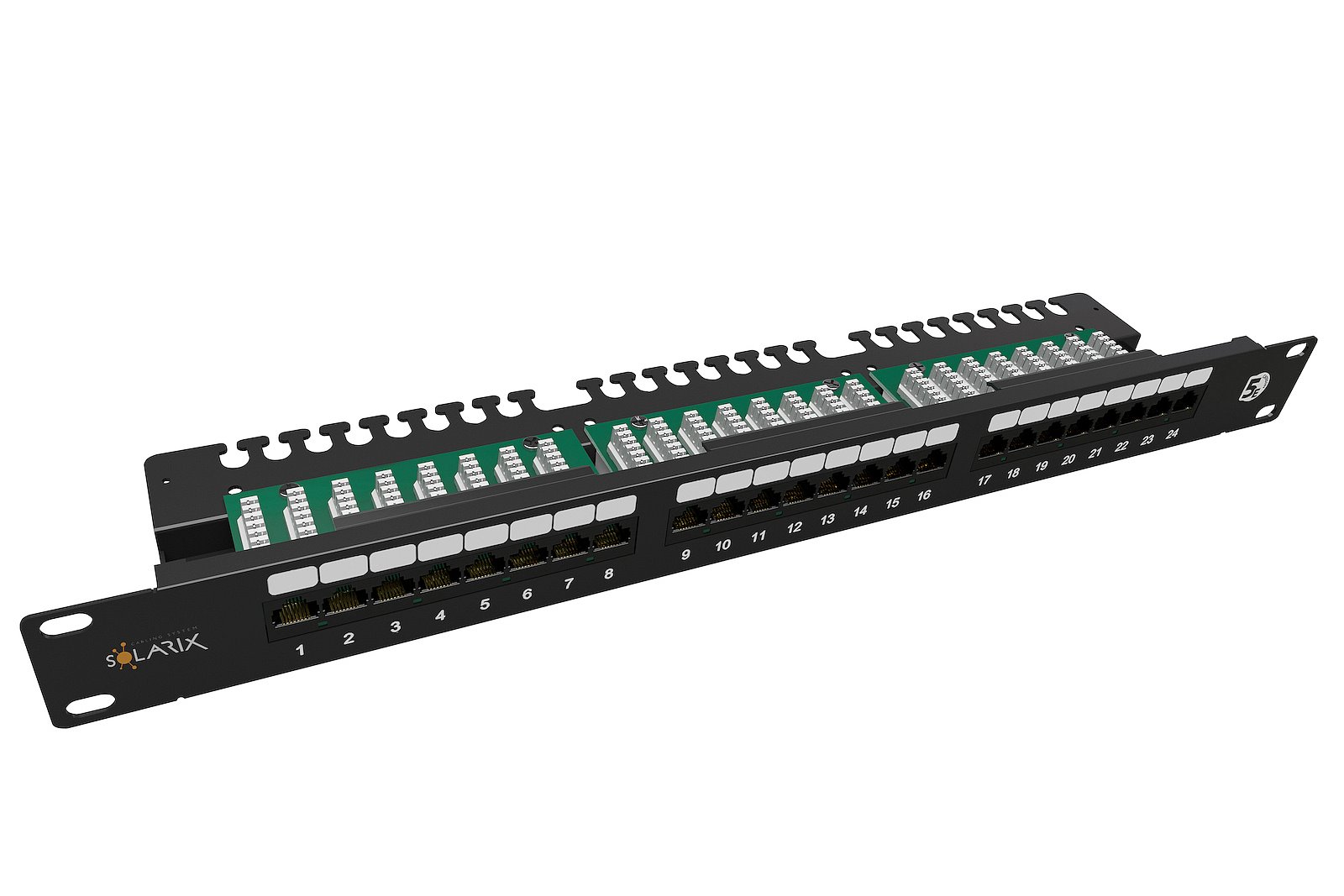 Solarix patch panel 24 x RJ45 CAT5E UTP s vyvaz. lištou černý 1U, SX24L-5E-UTP-BK