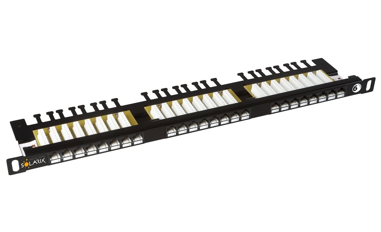 Solarix patch panel 24xRJ45 CAT6 UTP s vyvazovací lištou černý 0,5U, SX24HD-6-UTP-BK