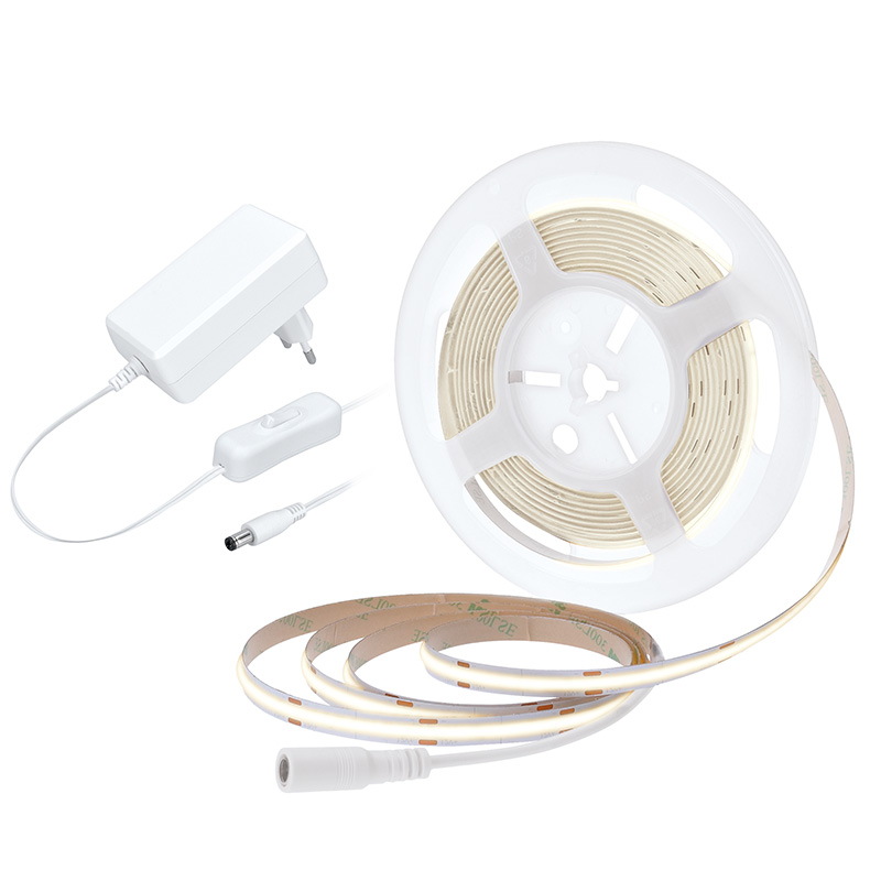 Solight LED COB pásek, sada s adaptérem, vypínač, 5m, 8W/m, 800lm/m, neutrální bílá