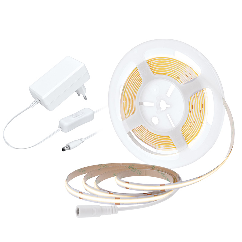 Solight LED COB pásek, sada s adaptérem, vypínač, 5m, 8W/m, 800lm/m, teplá bílá