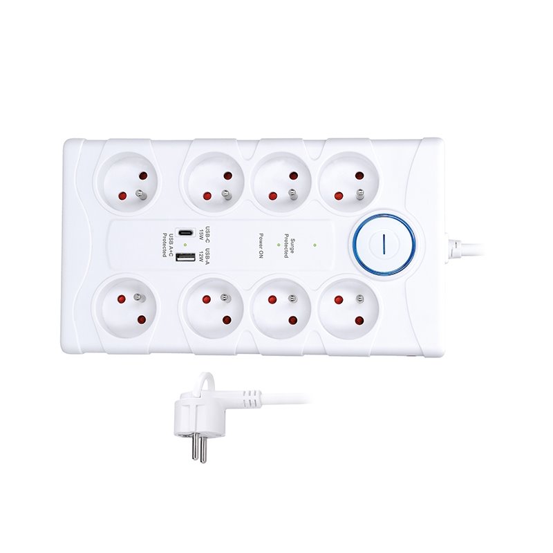 Solight PO80 přepěťová ochrana, 8z, USB A+C, 2m, bílá
