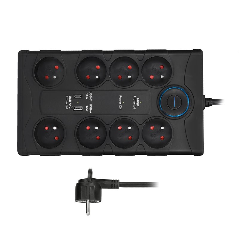 Solight PO80B přepěťová ochrana, 8z, USB A+CA, 2m, černá
