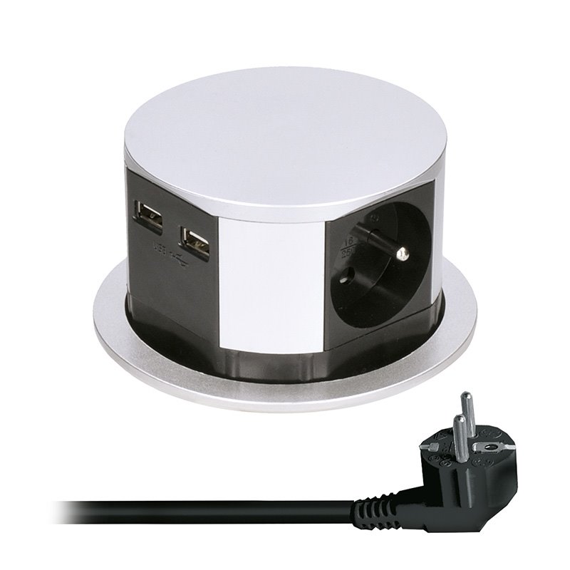 Solight PP100USB výsuvný blok zásuvek, 3 zásuvky, 2x USB, kruhový tvar nízký, prodlužovací přívod 1,5m, 3x1mm2, stříbrný
