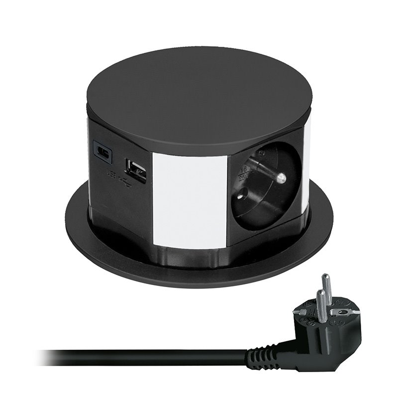 Solight PP100USBC-B, 3z + USB A+C výsuvný blok zásuvek, 2m, černý