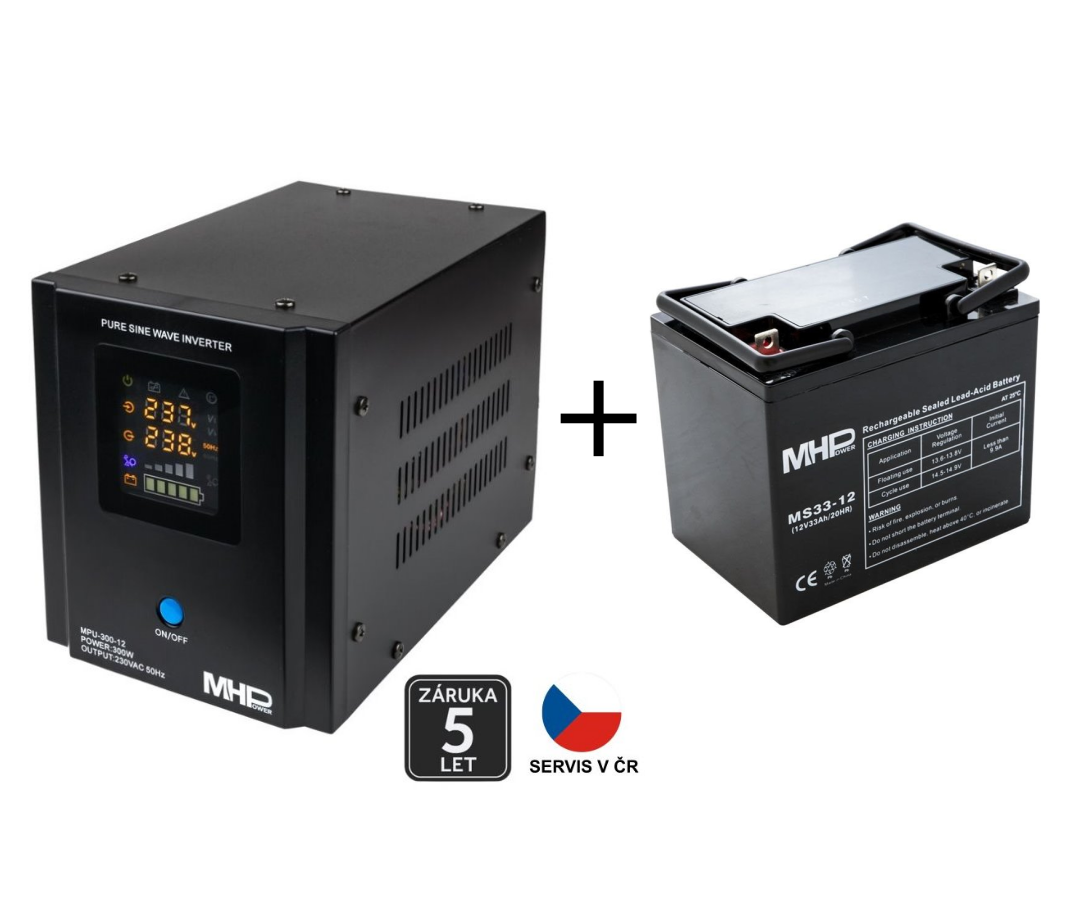 Záložní zdroj MHPower MPU-300-12, UPS, 300W, čistý sinus, 12V SET s baterií 33Ah